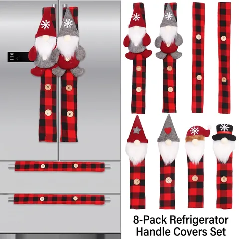 Christmas Refrigerator Handle Covers Red Black Plaid Gnome Fridge Handle Protector Decorations For Kitchen Oven Microwave