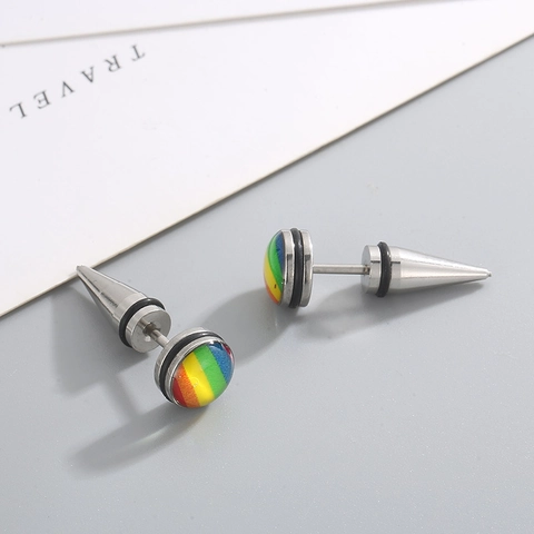 Stainless Steel Rainbow Geometric Stud Earrings For Men Women Fashion Hip Hop Streetwear Triangle Star Round Enamel Jewelry