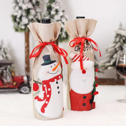 Christmas Burlap Wine Bottle Cover Santa Claus Snowman Applique Embroidery Linen Gift Bag Holiday Table Decoration Ornament