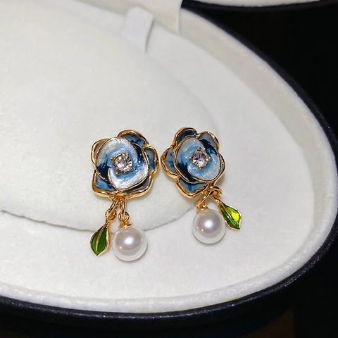 Pendientes Colgantes De Flor De Esmalte Azul Con Poste De Pendiente De Plata Esterlina 925 Aleación Brillantes Perla Artificial Estilo Vintage