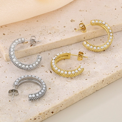 Pendientes De Aro En Forma De C Retro Francés Acero Inoxidable Perla Artificial De Concha Chapado En Oro 18K Joyería