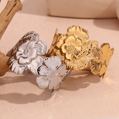 Brazalete Abierto De Flor Grande Exagerada Acero Inoxidable 316L Chapado En Oro De 18K Retro Floral Para Mujer