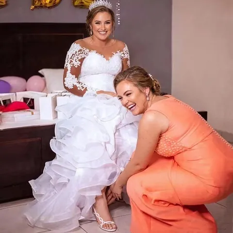 Lace Organza Mermaid Wedding Dress Long Sleeve Sheer Neck Backless Plus Size Bridal Fishtail Gown