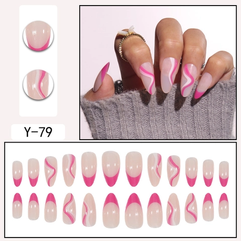 Uñas Postizas Largas De Almendra Degradado Rosa Líneas Onduladas Blancas Manicura Artificial Para Mujeres