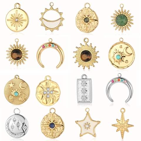 Celestial Sun Moon Star Pendant Charms Stainless Steel With Natural Stone And Rhinestone Bohemian Vintage Jewelry DIY