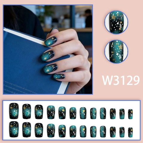 Press On Nails Starry Sky Meteor Pattern Gradient Artificial Fingernails Shiny Gold Star Decoration DIY Manicure For Women