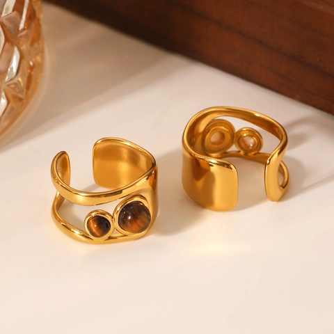 Edelstahl Offener Ring Hohl Verstellbar Tigerauge Stein Künstliche Perle Geometrisch Retro Minimalist Schmuck Damen