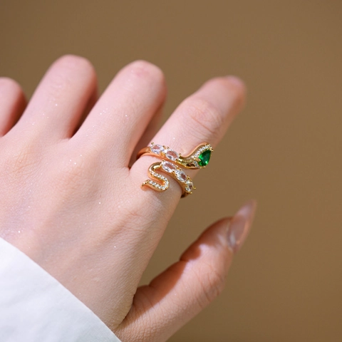 Snake Adjustable Ring Copper Gold Plated Green Emerald Zircon Animal Shape Luxury Statement Jewelry For Women
