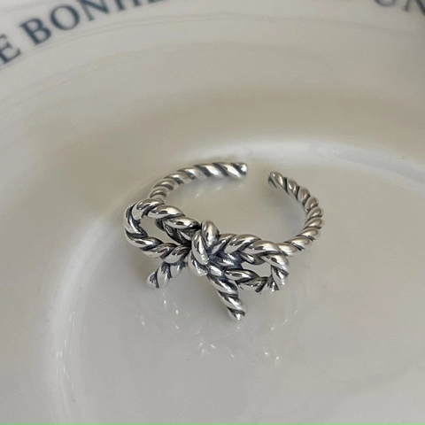 Ring Aus 925 Sterling Silber Vintage Gedrehtes Seil Schleifenform Verstellbar Offener Fingerschmuck Damen