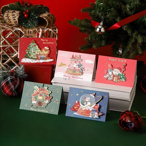 3D Pop Up Christmas Greeting Cards Santa Snowman Tree Illustration Gold Stamping Holiday Gift Message Card