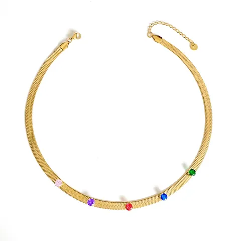 Stainless Steel Snake Chain Necklace With Round Colorful Zirconia Gemstones Minimalist Clavicle Jewelry For Women