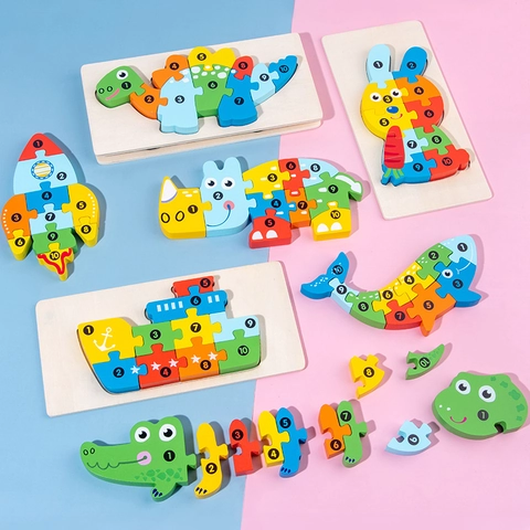 Wooden 3D Jigsaw Puzzle Cartoon Animal Vehicle Number Cognitive Early Educational Learning Montessori Toy For Toddlers Kids