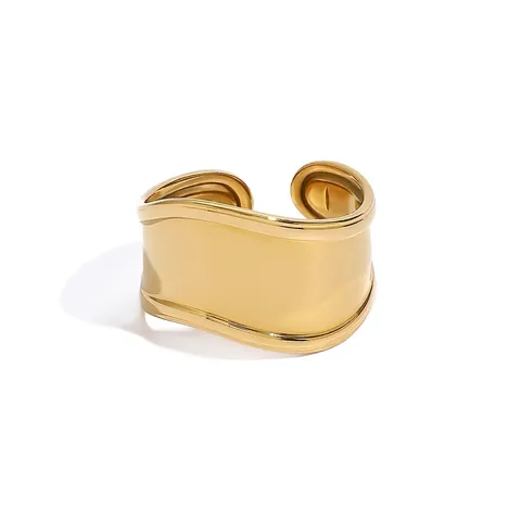 Minimalistischer Breiter Ring Edelstahl 18K Vergoldet Unregelmäßiges Wellendesign Verstellbar Geometrischer Schmuck Damen