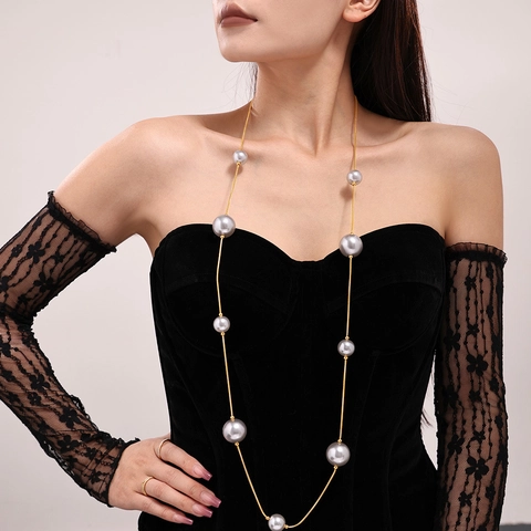 Elegant Stainless Steel Long Shell Bead Sweater Chain Necklace For Women Gold Silver Plated Baroque PVD Plated Jewelry