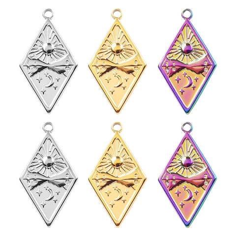 Vintage Rhombus Pendant Necklace 304 Stainless Steel Sun Moon Star Mountain Engraved Celestial Jewelry For Women