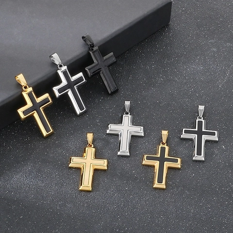 Collar Con Colgante De Cruz De Acero Inoxidable Con Incrustaciones De Fibra De Carbono Joyería Religiosa Para Hombre