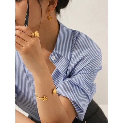 Ocean Theme Starfish Shell Jewelry 18K Gold Plated Stainless Steel Earrings Ring Bangle Trendy Fashion Accessories