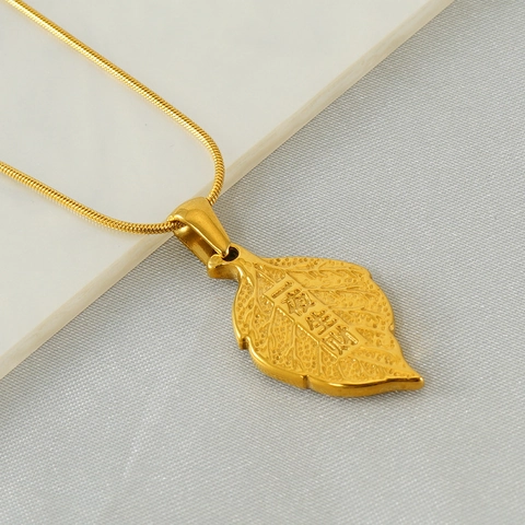 Collana Con Ciondolo A Foglia In Acciaio Inossidabile Placcato Oro 18K Per Donna Caratteri Cinesi Portafortuna Gioielli