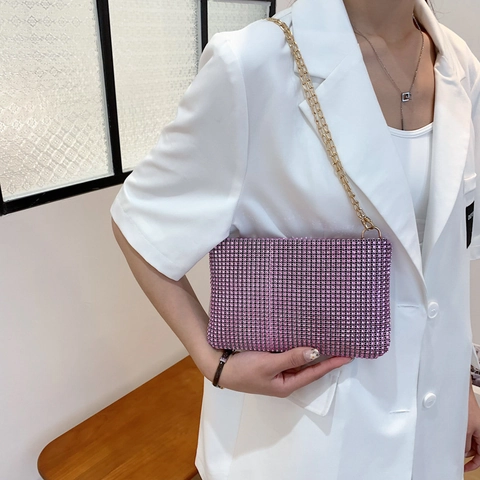 Rhinestone Sequin Evening Bag Shiny Crossbody Clutch For Women Party Wedding Fashion Small Square Envelope Bag Gold Chain