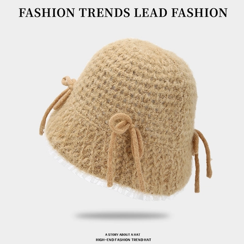 Women Knitted Bucket Hat Acrylic Crochet Lace Bowknot Warm Sweet Japanese Style Winter Soft Folding Basin Hat
