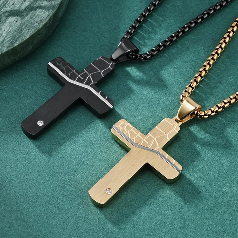 Herren Kreuz Anhänger Halskette Edelstahl Rissige Gebürstete Textur Zirkon Inlay Mode Schmuck Punk Stil