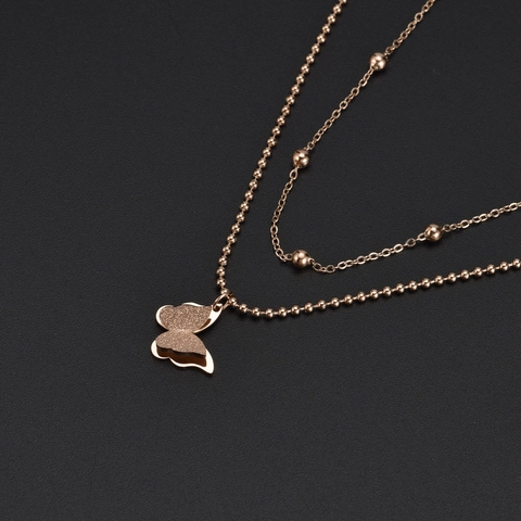 Mehrlagige Schmetterling Anhänger Halskette Edelstahl Mattiert Roségold Modeschmuck Für Damen