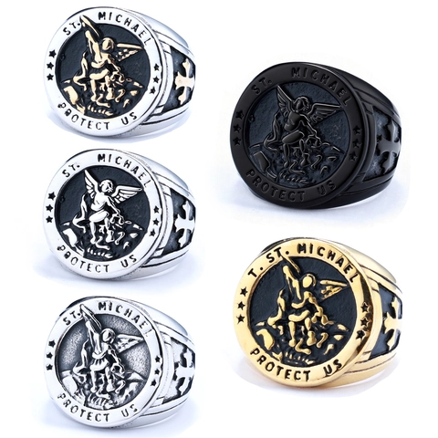 Archangel St Michael Signet Ring 316L Stainless Steel Religious Protection Vintage Shield Jewelry For Men