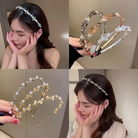Elegant Alloy Rhinestone Imitation Artificial Pearl Flower Butterfly Headband Fashionable Hair Hoop For Women Girls Styling