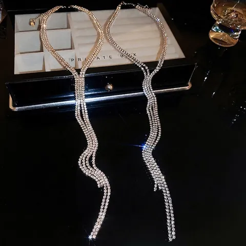Long Tassel Y-Shape Necklace Double Layer Rhinestone Encrusted Alloy Choker Elegant Jewelry For Women Party Gift