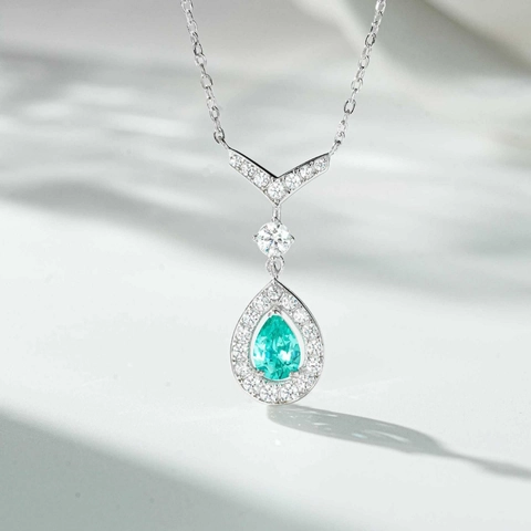 925 Sterling Silver Teardrop Aquamarine Pendant Necklace Elegant V Shape Rhinestone Chain For Women Jewelry Gift