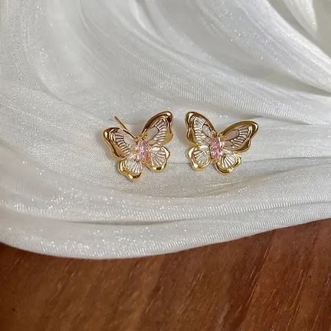 Schmetterling Ohrstecker 18K Vergoldet Rosa Zirkon Emaille Flügel Mit 925 Sterling Silber Ohrstecker Süß Für Damen