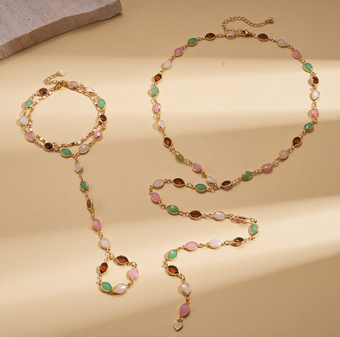 Set Collana A Catena Lunga A Y E Bracciale Schiava Con Pietre Di Resina Ovali Colorate Per Donna Stile Boho Vintage