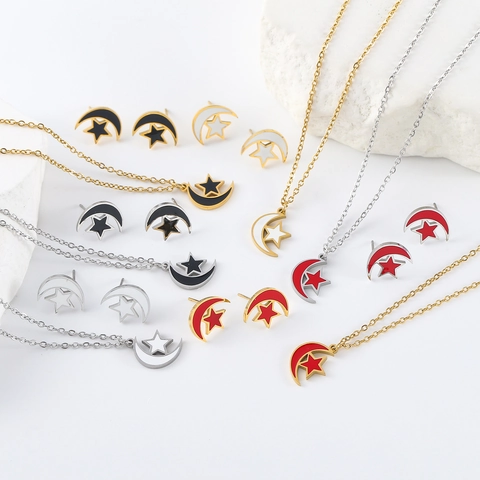Ensemble de Bijoux Étoile Lune en Acier Inoxydable pour Femme Émail Croissant de Lune Pentagramme Pendentif Collier Et Boucles d'Oreilles Accessoires de Mode