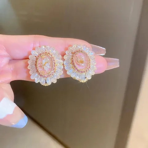 Bloemen Oorknopjes Met Zilveren Oorsteker Legering Roze Hars Kristal Strass Vintage Zoete Sieraden Voor Vrouwen