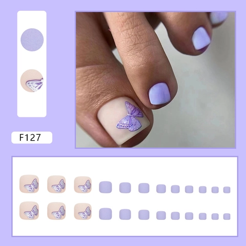 Romantic Purple Butterfly Toe Press On Nails Matte Square False Foot Nails Sweet Girl Wearable Full Cover