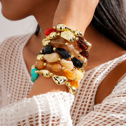 Geometric Irregular Beaded Bracelet Acrylic Resin Stainless Steel Metal Beads Bohemian Elastic Handcrafted Jewelry For Women