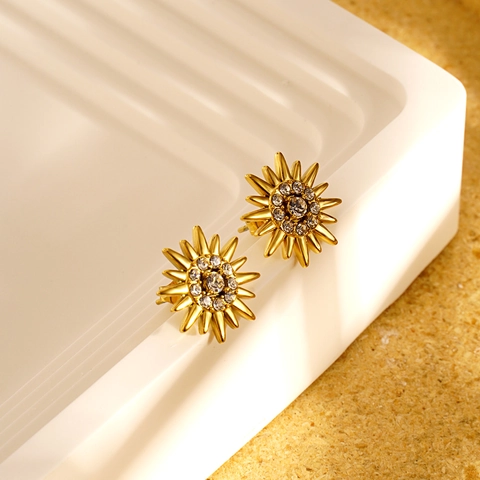 Orecchini a Bottone a Girasole in Acciaio al Titanio da Donna con Strass Incastonati Design Floreale Oro Argento Gioielli