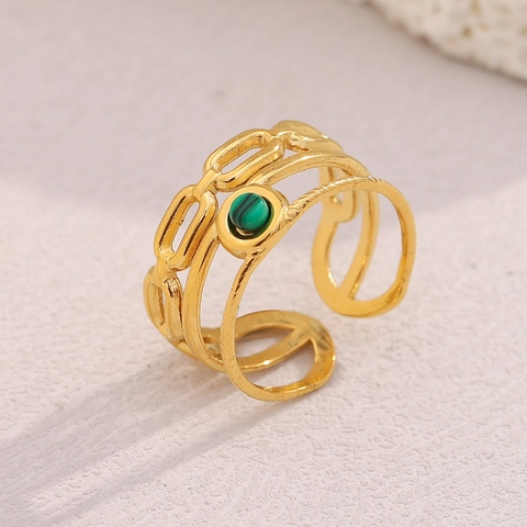 Vintage Französischer Mehrlagiger Offener Ring Edelstahl 18K Vergoldet Malachit Grüner Stein Verstellbar Für Damen