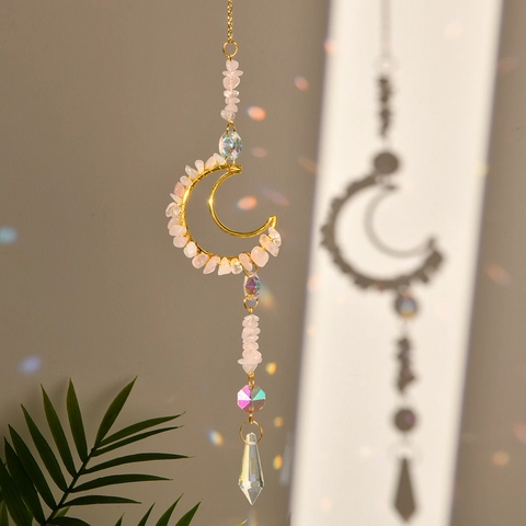 Crystal Suncatcher Moon Hanging Ornament Natural Crushed Stones Prism Rainbow Maker Decoration For Garden Window Home