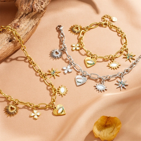Collana E Bracciale Malocchio Acciaio Inossidabile Conchiglia Cuore Stella Sole Farfalla Ciondoli Gioielli Vintage Boho Per Donne