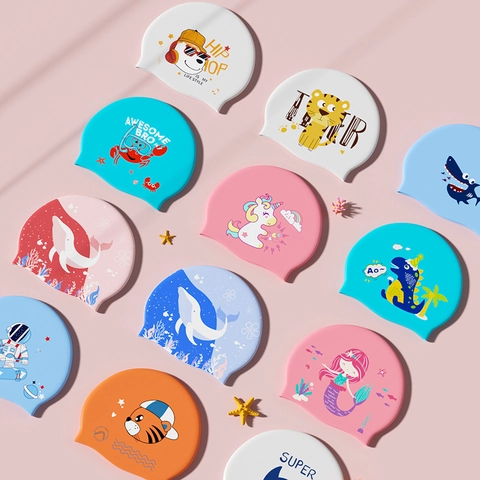 Children Swim Cap Silicone Waterproof High Elasticity Ear Protection Cartoon Pattern Soft Comfortable Non-Slip For Kids