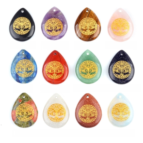 Tree Of Life Carved Teardrop Pendant Natural Gemstone Crystal Healing Stone Reiki Jewelry Accessory For Necklace DIY