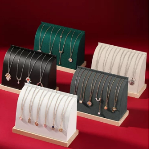 Curved Necklace Display Stand Solid Wood Base Velvet PU Leather Jewelry Pendant Holder For Retail Countertop