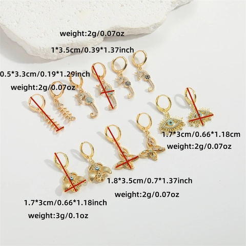 Retro Copper Zirconia Marine Life Drop Earrings Seahorse Butterfly Evil Eye Fish Bone Animal Jewelry For Women