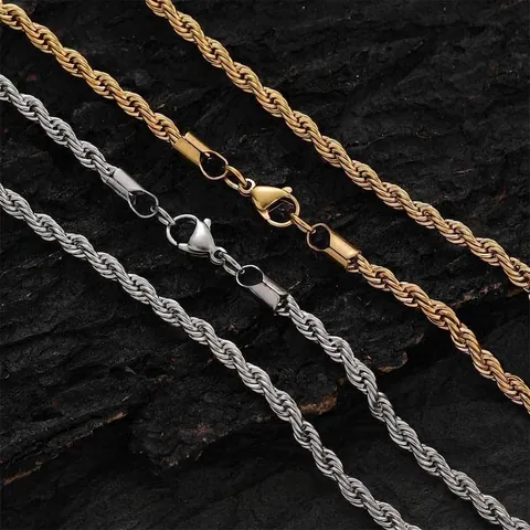 Rope Chain Necklace Stainless Steel Gold Plated High Polished Hip Hop Punk Minimalist Jewelry For Men Women