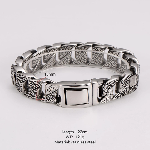 Pulsera Para Hombre Con Patrón Grabado Retro Acero Inoxidable 304 Vintage Hip Hop Rock Biker Cadena Gruesa