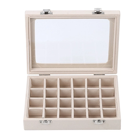Caja Organizadora De Joyas De Terciopelo Beige Con Tapa De Vidrio Transparente Y Hebillas De Metal Rectangular Ranura