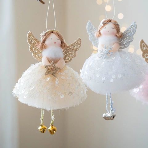 Ángel de Navidad de Peluche Decoración Colgante Niña Falda de Malla Lentejuelas Con Alas Campanas Para Fiesta Hogar
