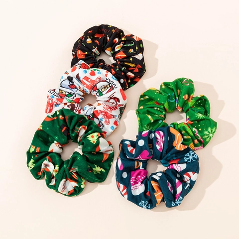 Christmas Hair Scrunchies Printed Polyester Spandex Santa Snowman Reindeer Pattern Holiday Party Hair Ties Accessories