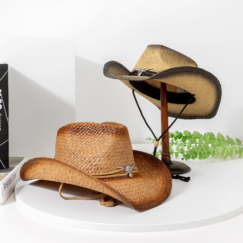 Western Cowboy Straw Hat Natural Plant Fiber Wide Brim Breathable Sunshade Vintage Gradient Outwork Adjustable Chin Strap